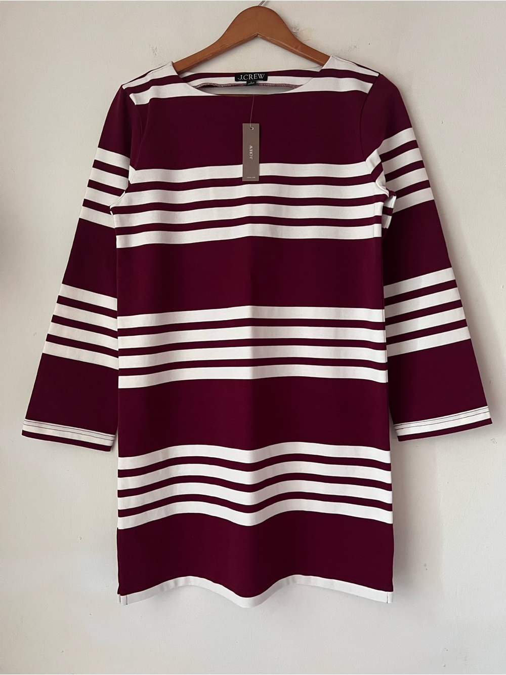 NWT J. Crew Boatneck Mini Sheath Dress Sz S Burgundy White Striped Mariner Cloth - Picture 3 of 10